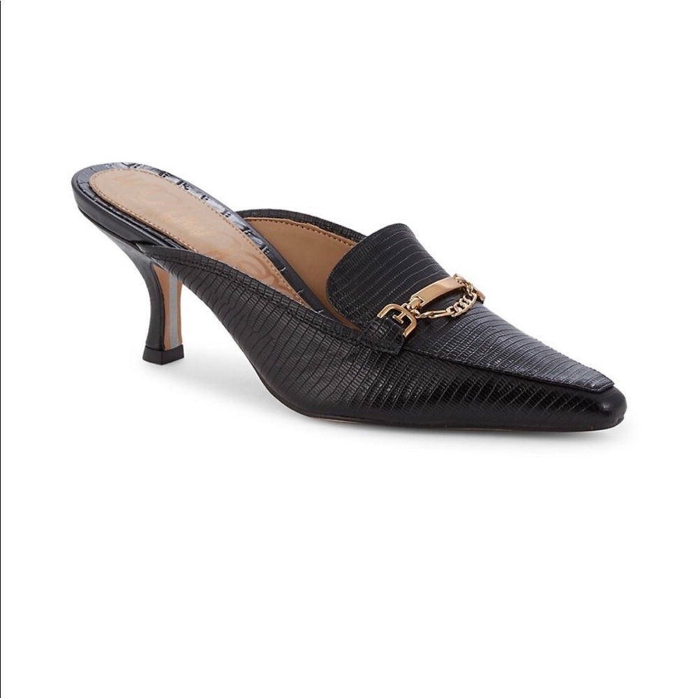 Sam Edelman Black Mules with Gold Chain - Picture 4 of 15